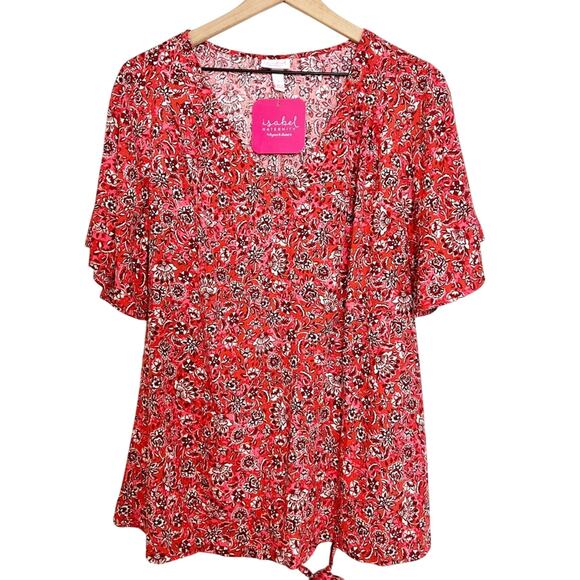 ISABEL MATERNITY BY INGRID AND ISABEL LARGE RED PINK WHITE WOMEN BLOUSE NEW - Picture 1 of 4